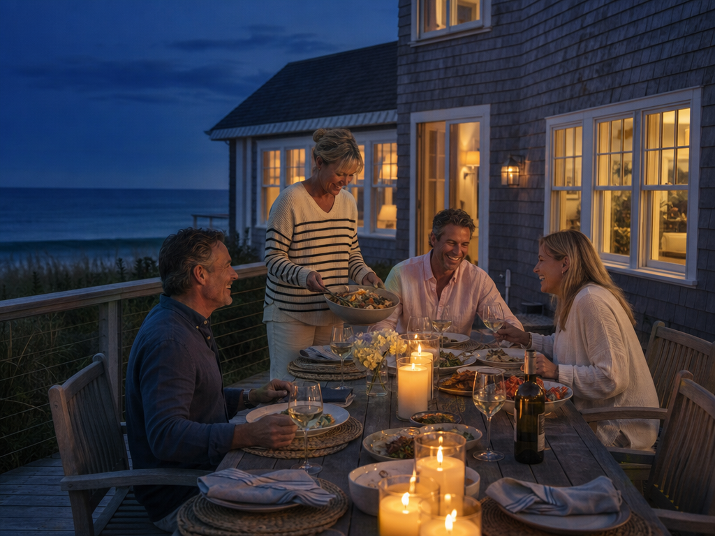 Guests sharing a candlelit dinner on the deck of a shingle-style coastal home at dusk